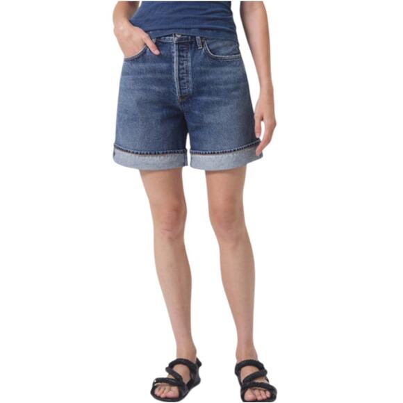 Agolde Dame Shorts High Rise Baggy Blue Denim Cuff Button Fly - Picture 1 of 11
